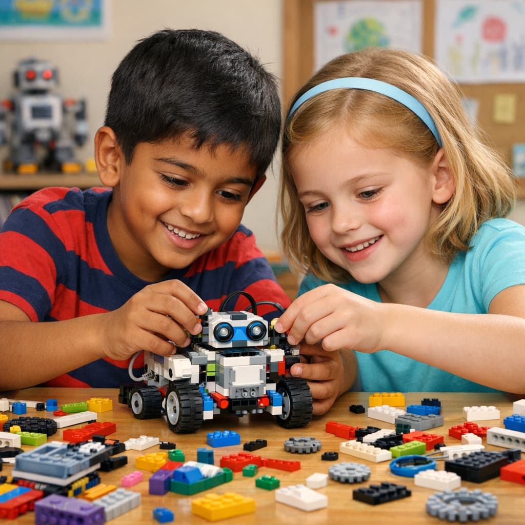 Two children building LEGO robot with wheels