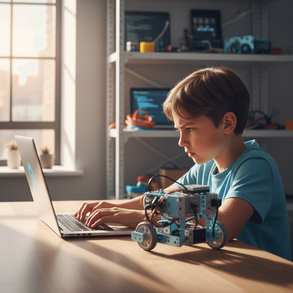 Child programming a robot on a laptop during a Light Robotics workshop