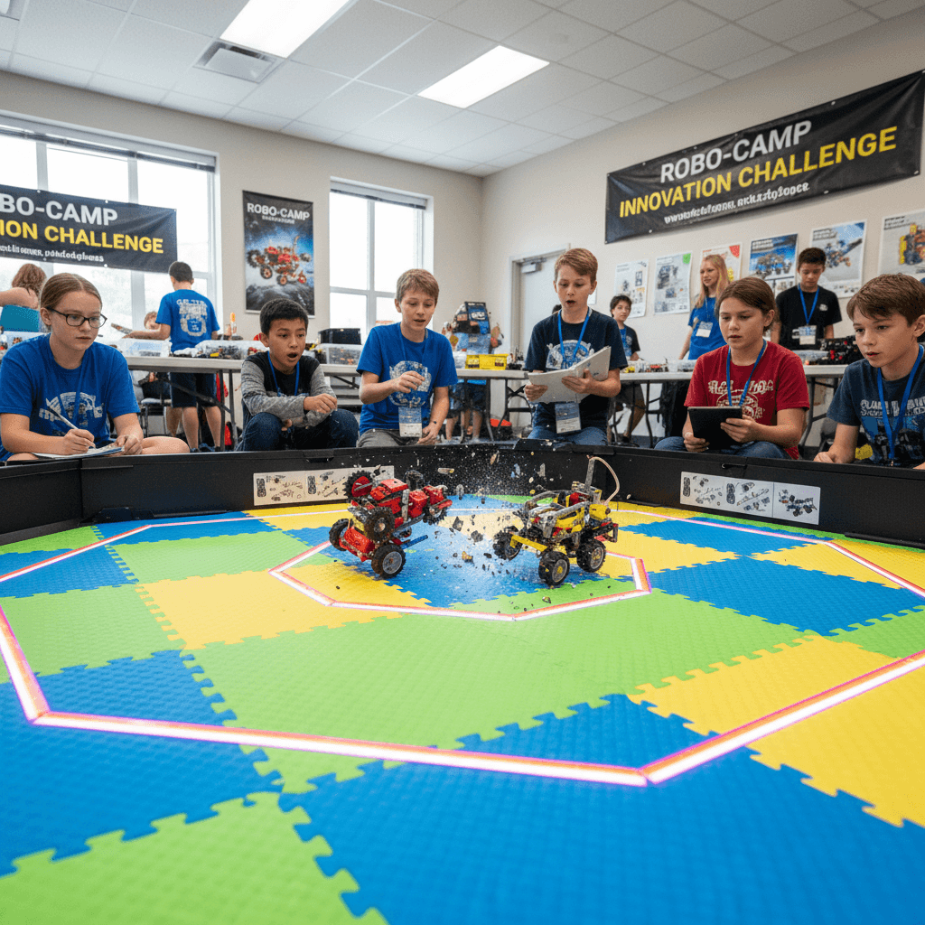 Kids competing with their battle-bots in the arena