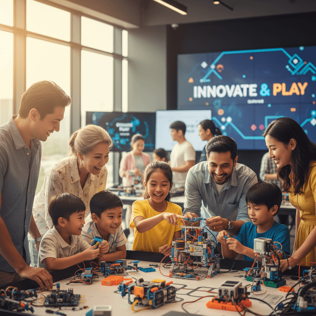 Parents and children collaborating on a robotics project at a corporate family day