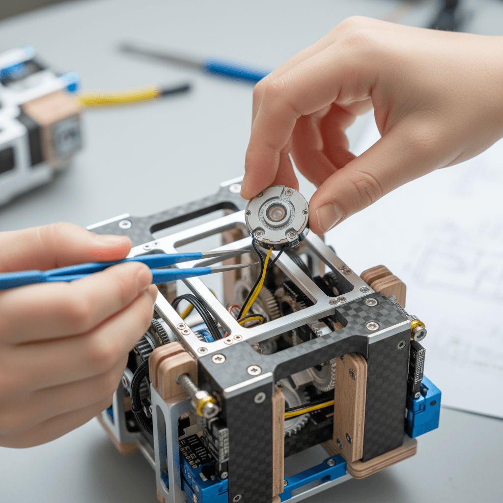 A student's hands carefully assembling a sensor component onto a robot frame