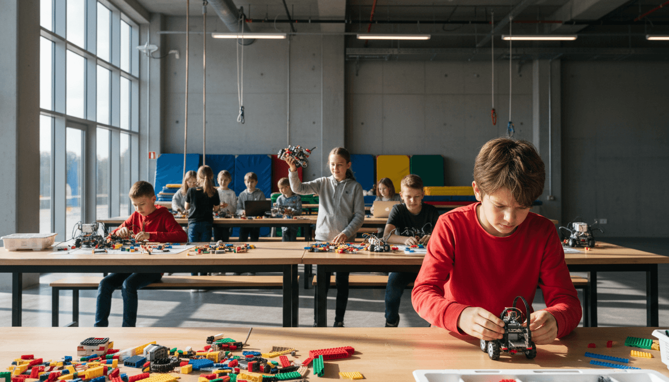 Kids building and testing LEGO robots in a bright workshop