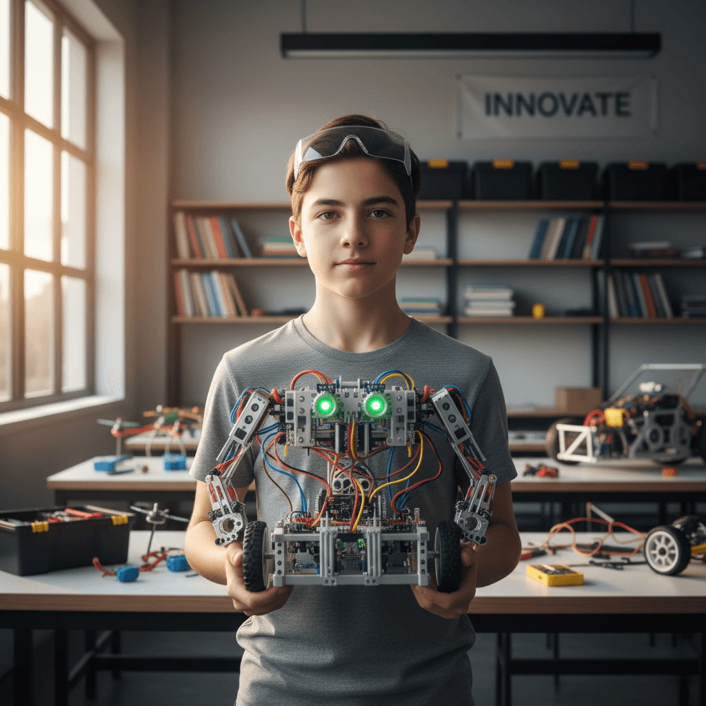 Teen holding up a completed robot they built in a Light Robotics workshop