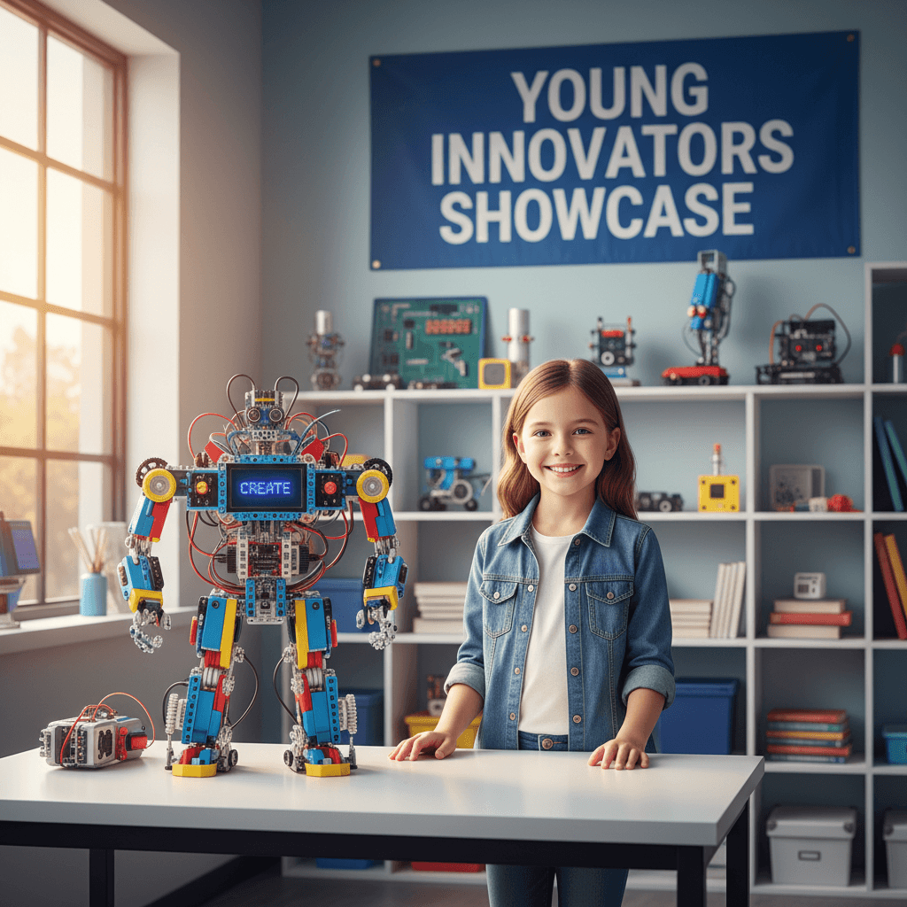 A young student proudly displaying her completed robot project