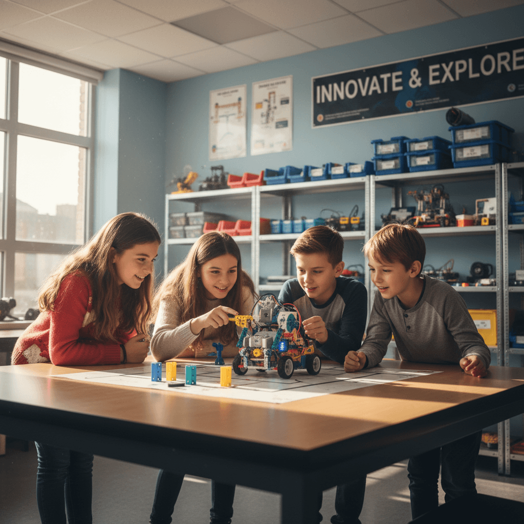 A group of students observing and testing their finished robot project together
