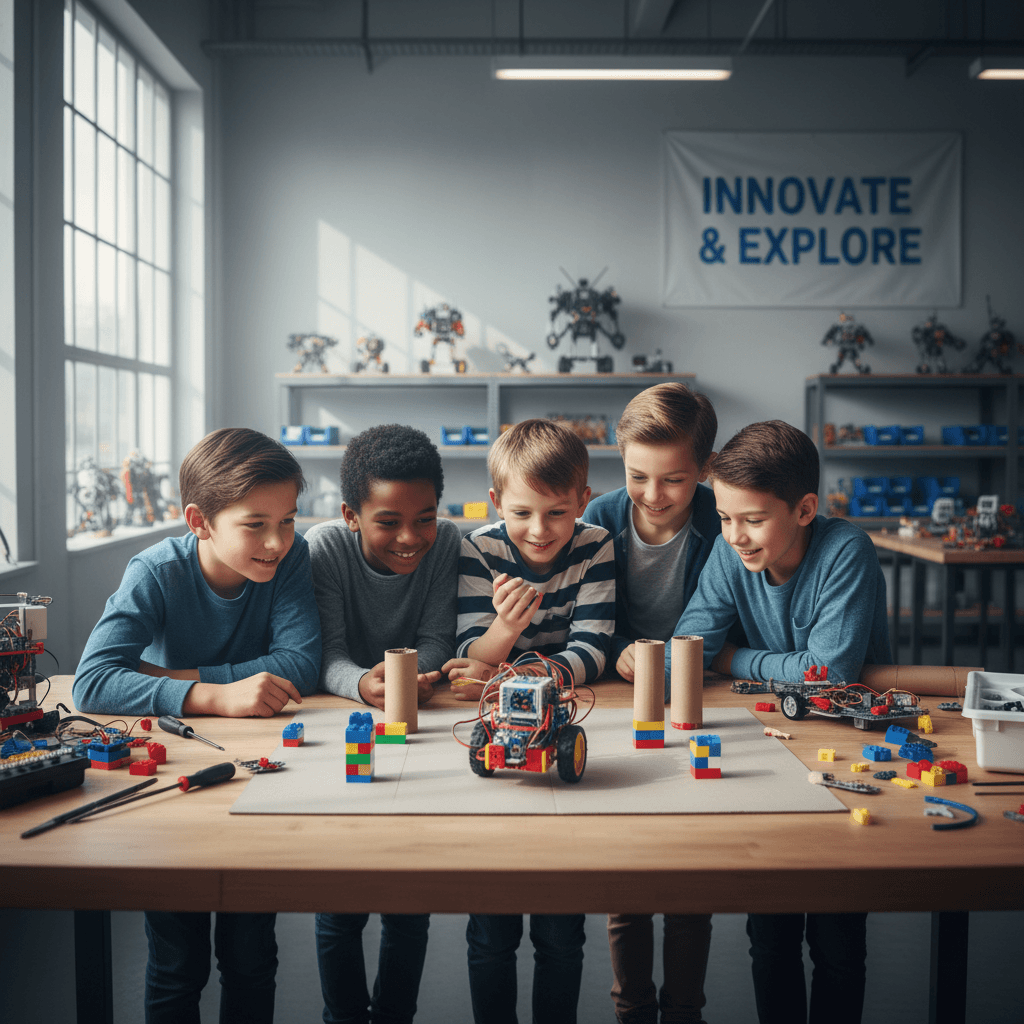 Group of kids watching a robot navigate through an obstacle course