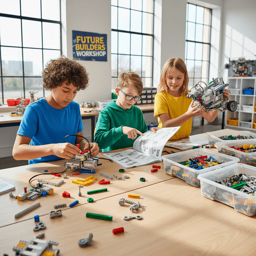 Kids building LEGO battle-bots during camp