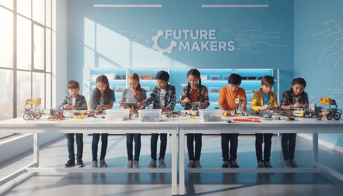 Children and teens collaborating on a robotics project, building and programming robots together in a bright workshop environment