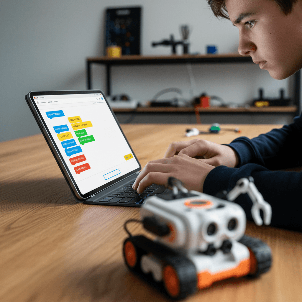 Student programming a robot using a tablet interface