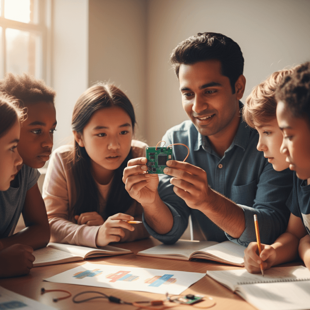 Facilitator demonstrating Micro:bit operation to engaged students
