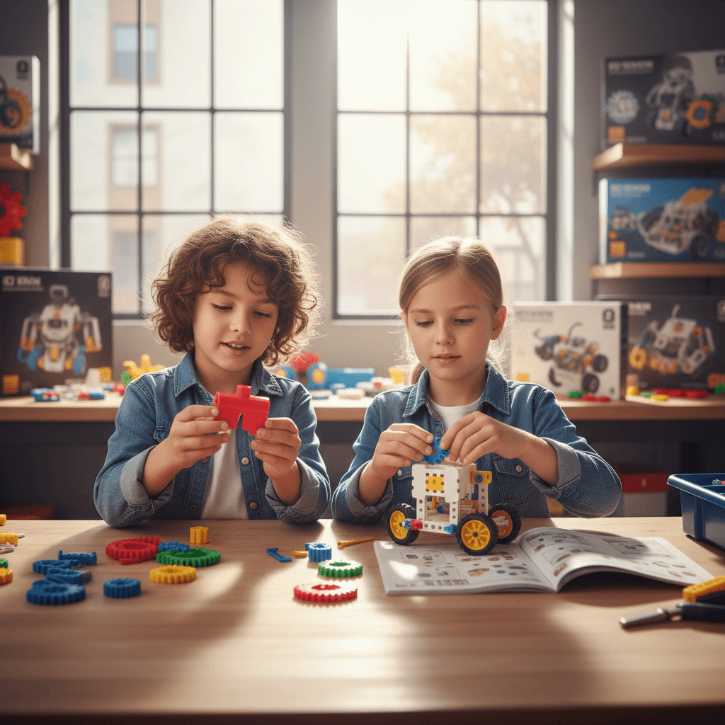 Two kids assembling a robot together at a wooden workbench