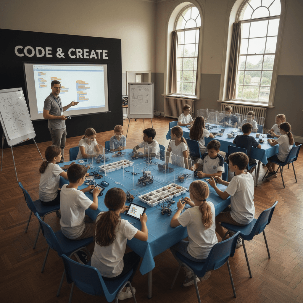 Facilitator leading a structured robotics workshop with school-age children