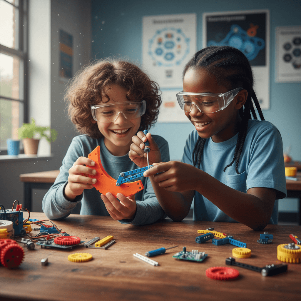 Two young students assembling a robot together at a workbench