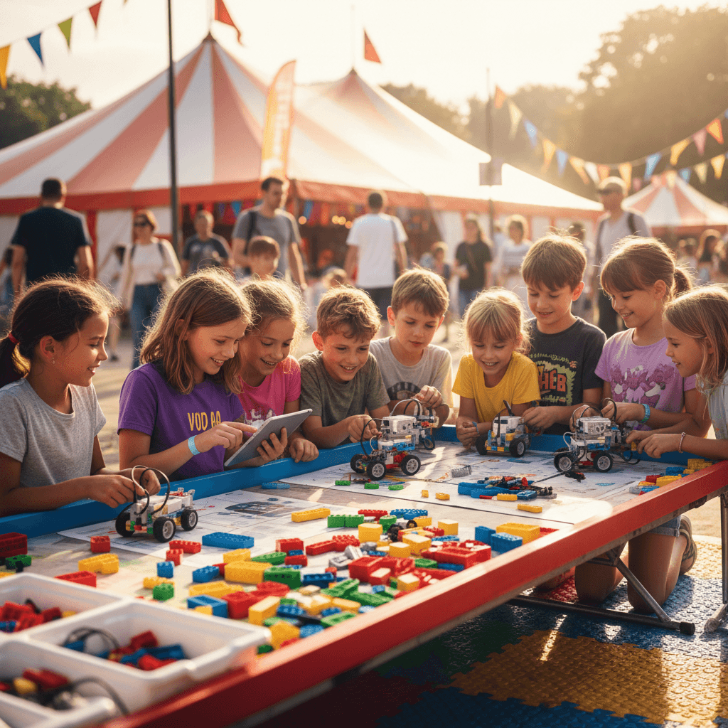 Children building and programming LEGO robots at an interactive station