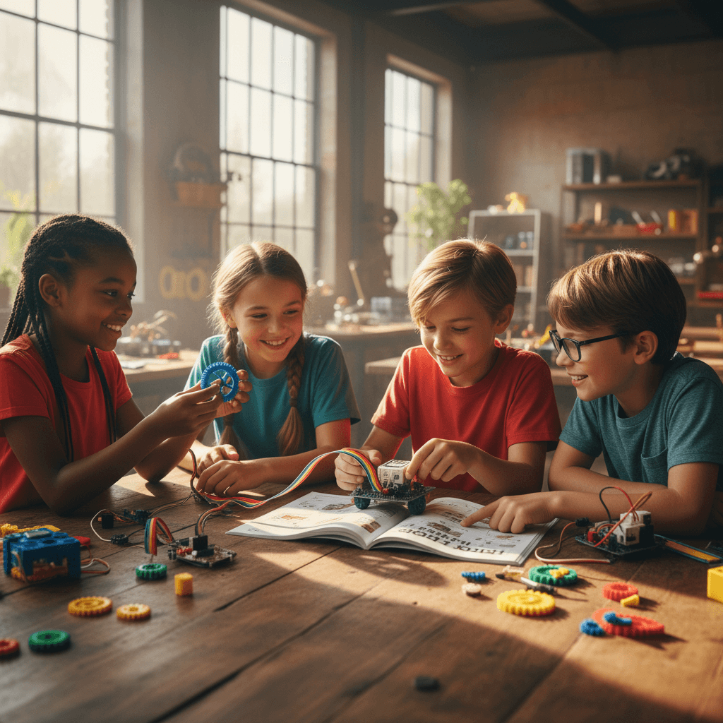 Children working together to build a robot during a Light Robotics workshop
