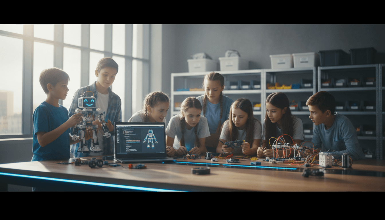 Children and teens building and programming robots together in a bright, modern workshop