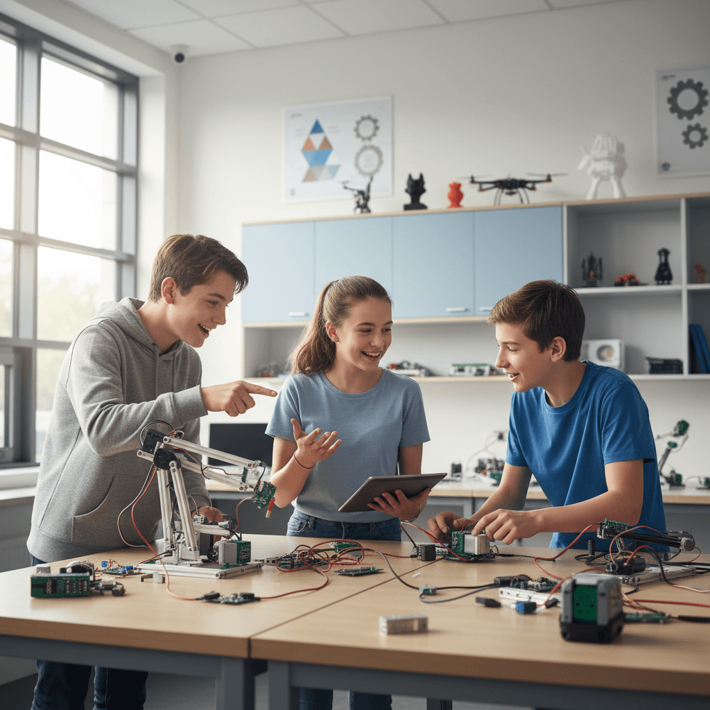 Three teen students discussing and pointing out parts of their robot project