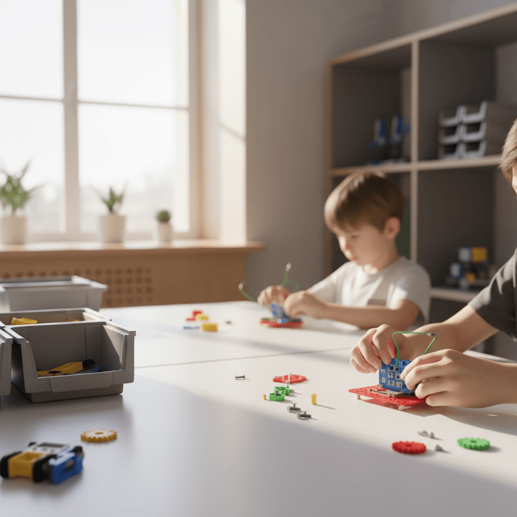 Students building robot components