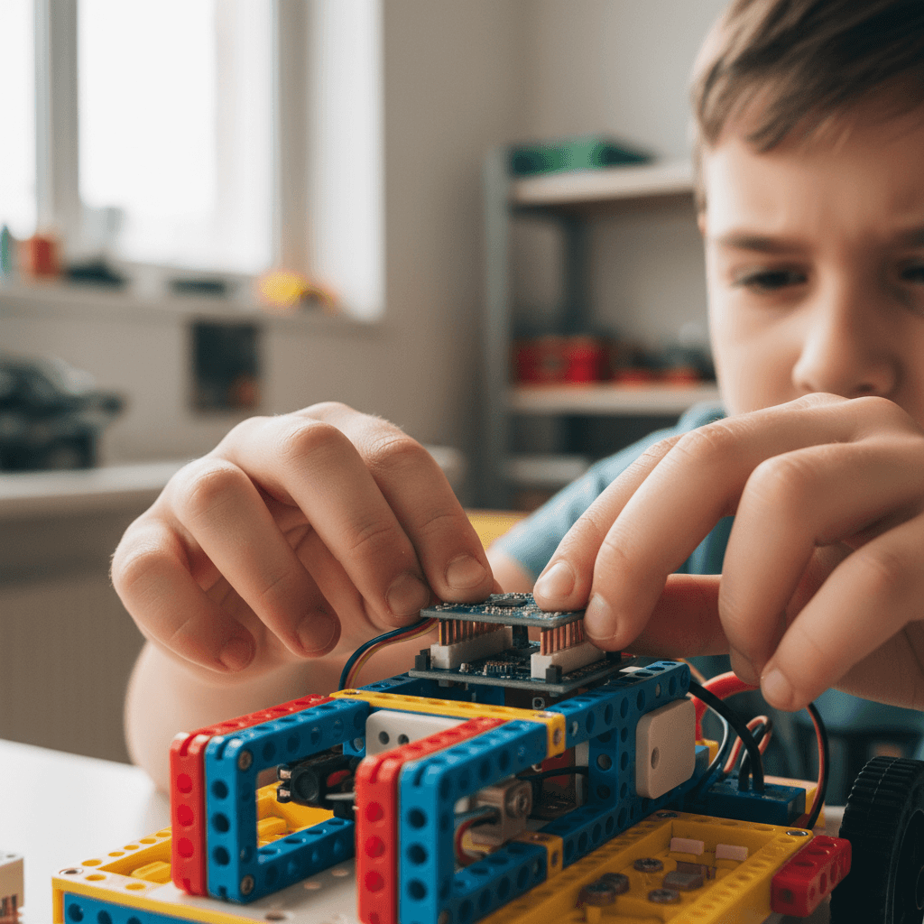 Close-up of a child's hands inserting a microcontroller into a robot