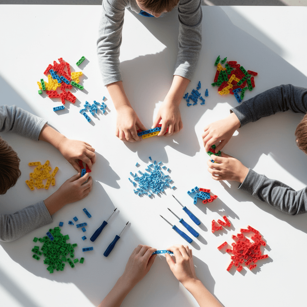Overhead view of kids' hands selecting robotics components during a workshop