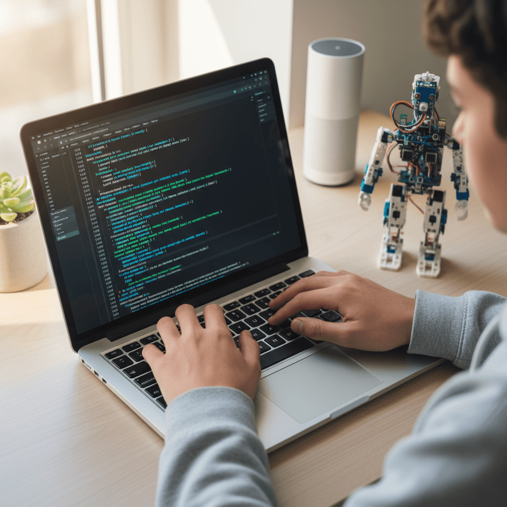 A teen programming code on a laptop with their completed robot visible