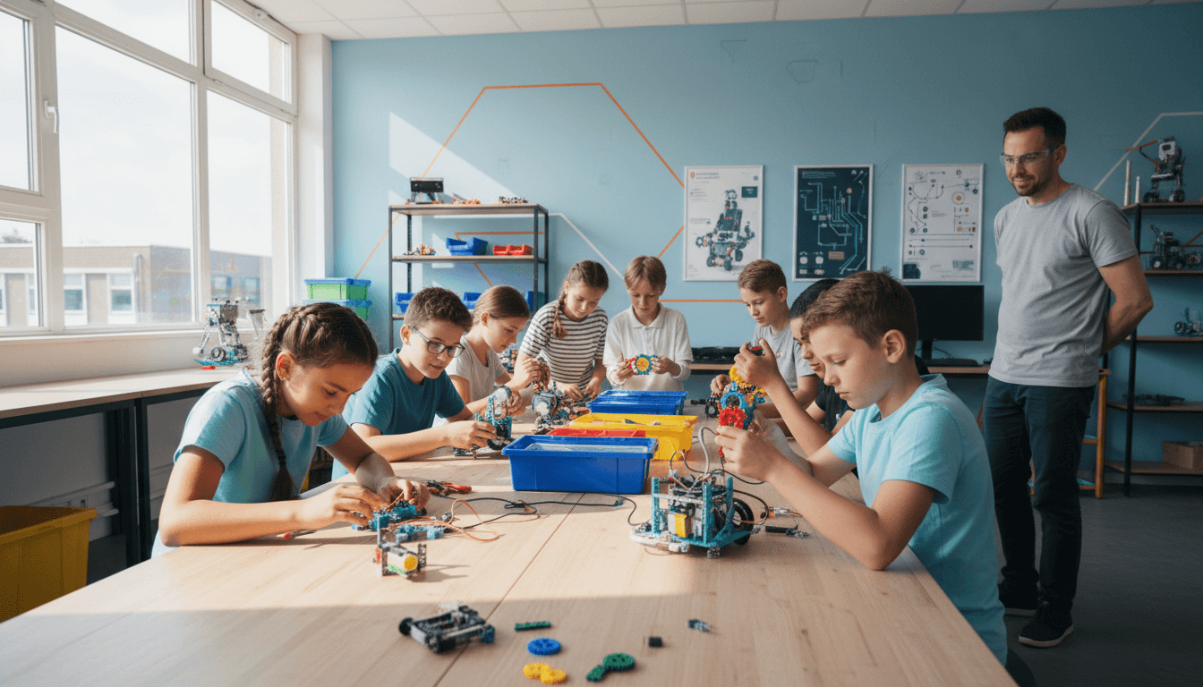Young students building and programming robots in a bright workshop setting in Utrecht