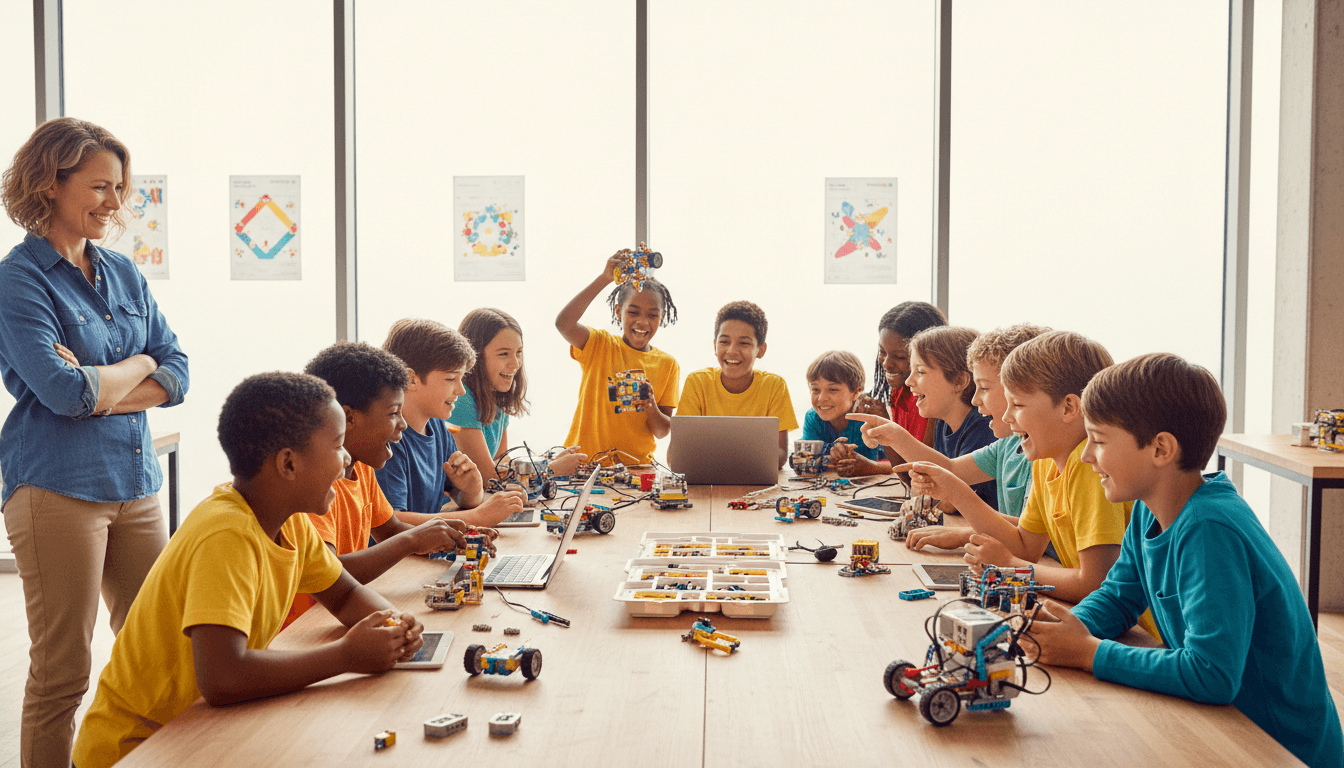 Children building and programming robots during a Light Robotics workshop