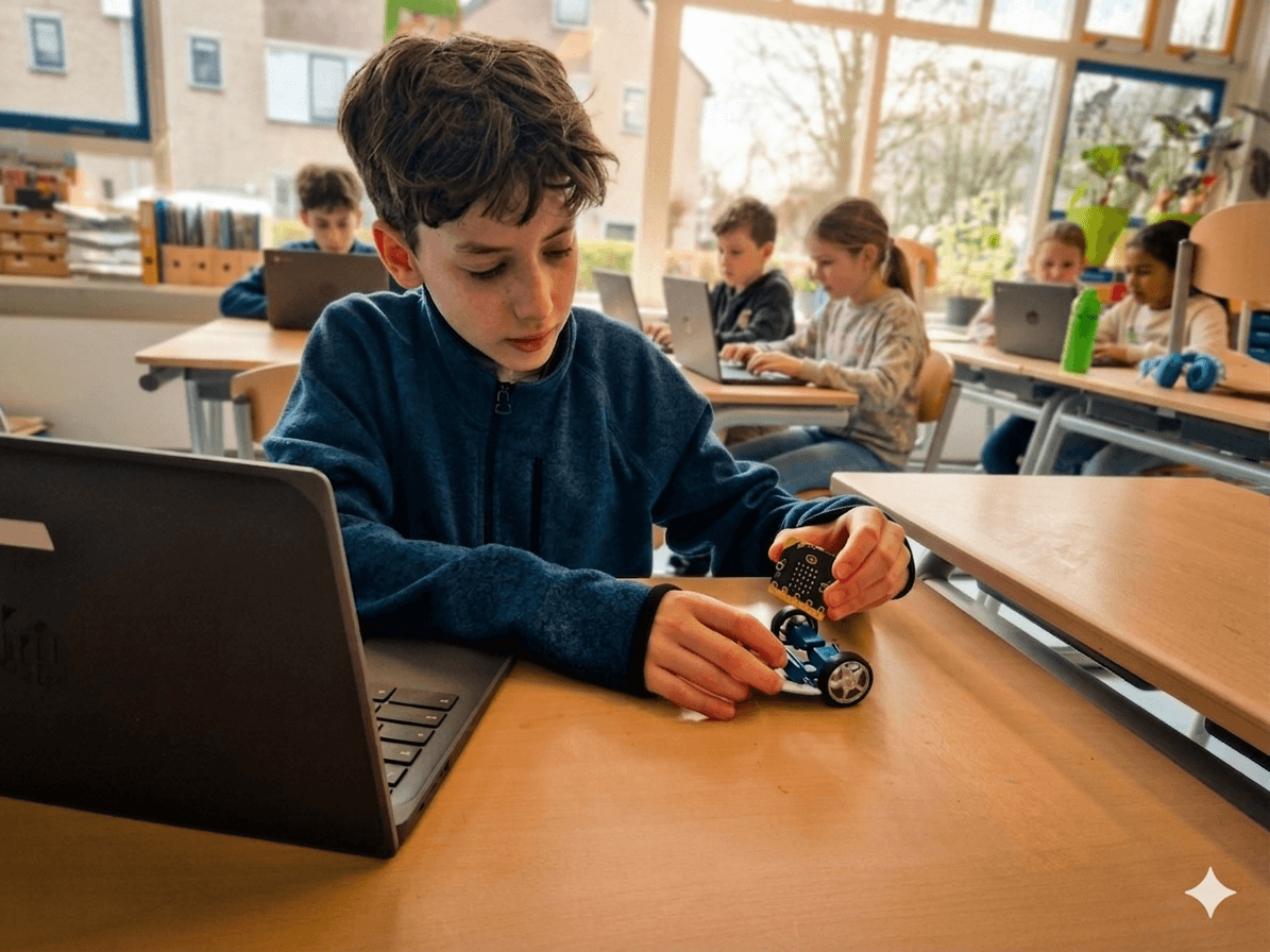 A young boy focuses on building a small robot at his desk in a classroom.