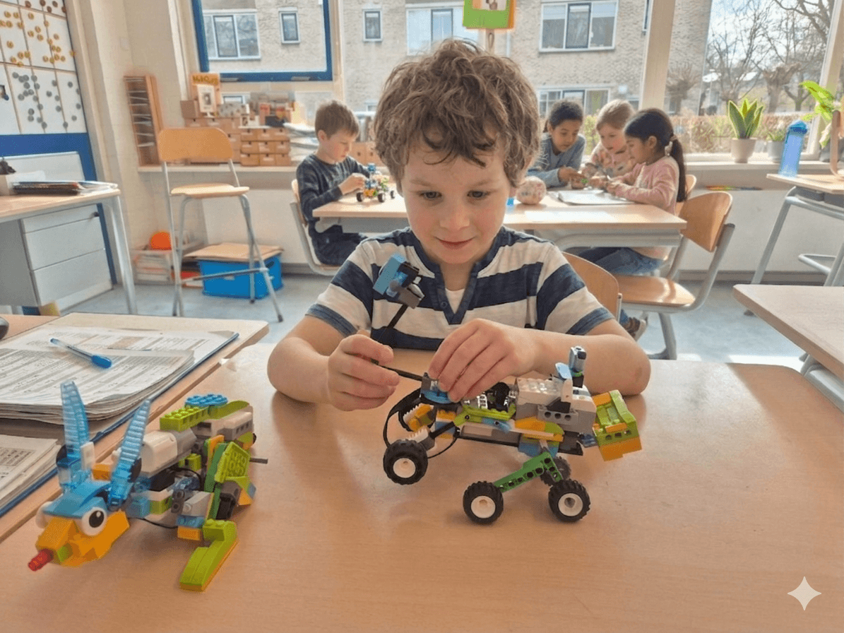 Young boy builds a LEGO robot vehicle at a desk in a classroom with classmates.