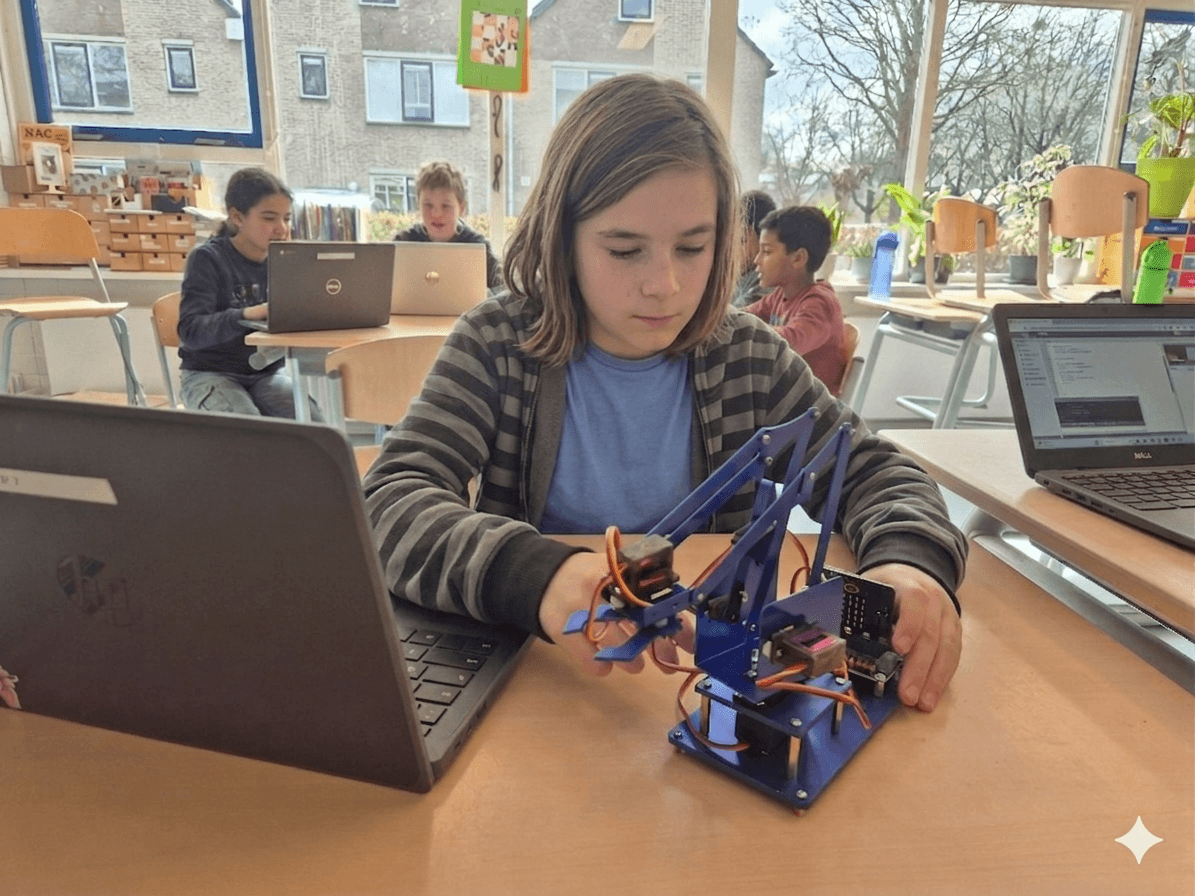 A student works on a blue robotic arm next to a laptop in a classroom.
