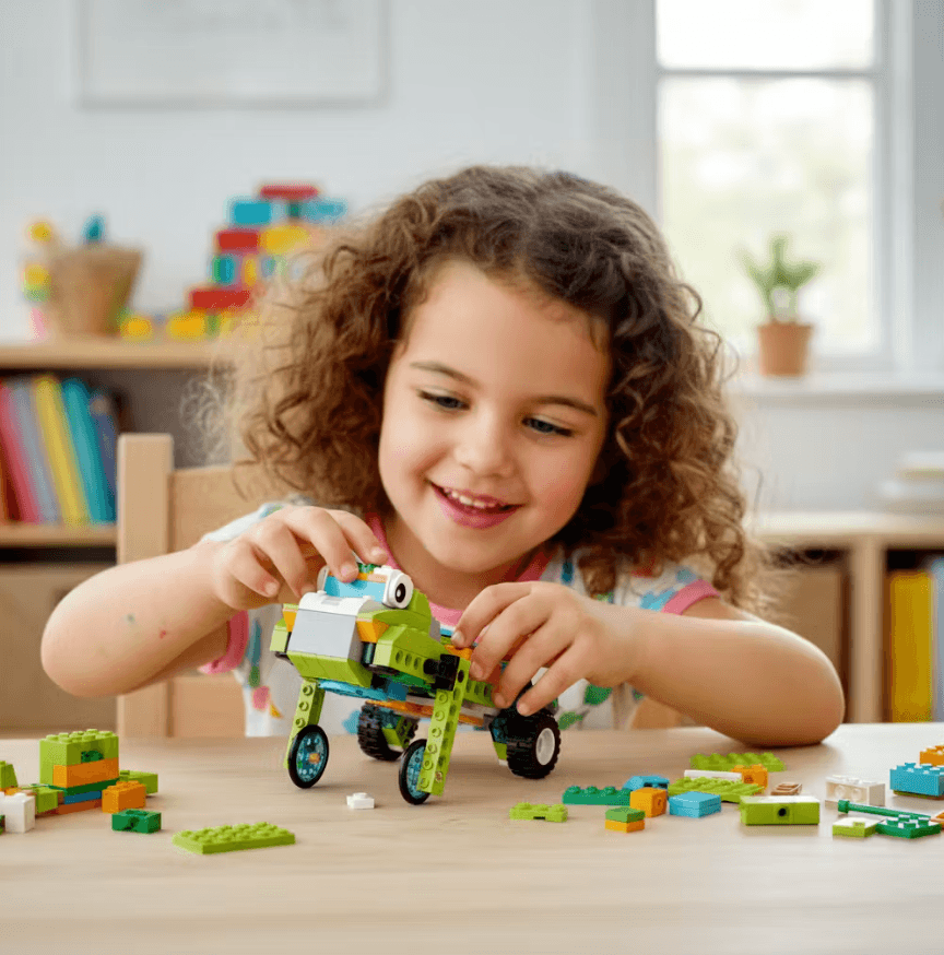 Smiling girl with curly hair builds a green toy creature on wheels using plastic blocks.